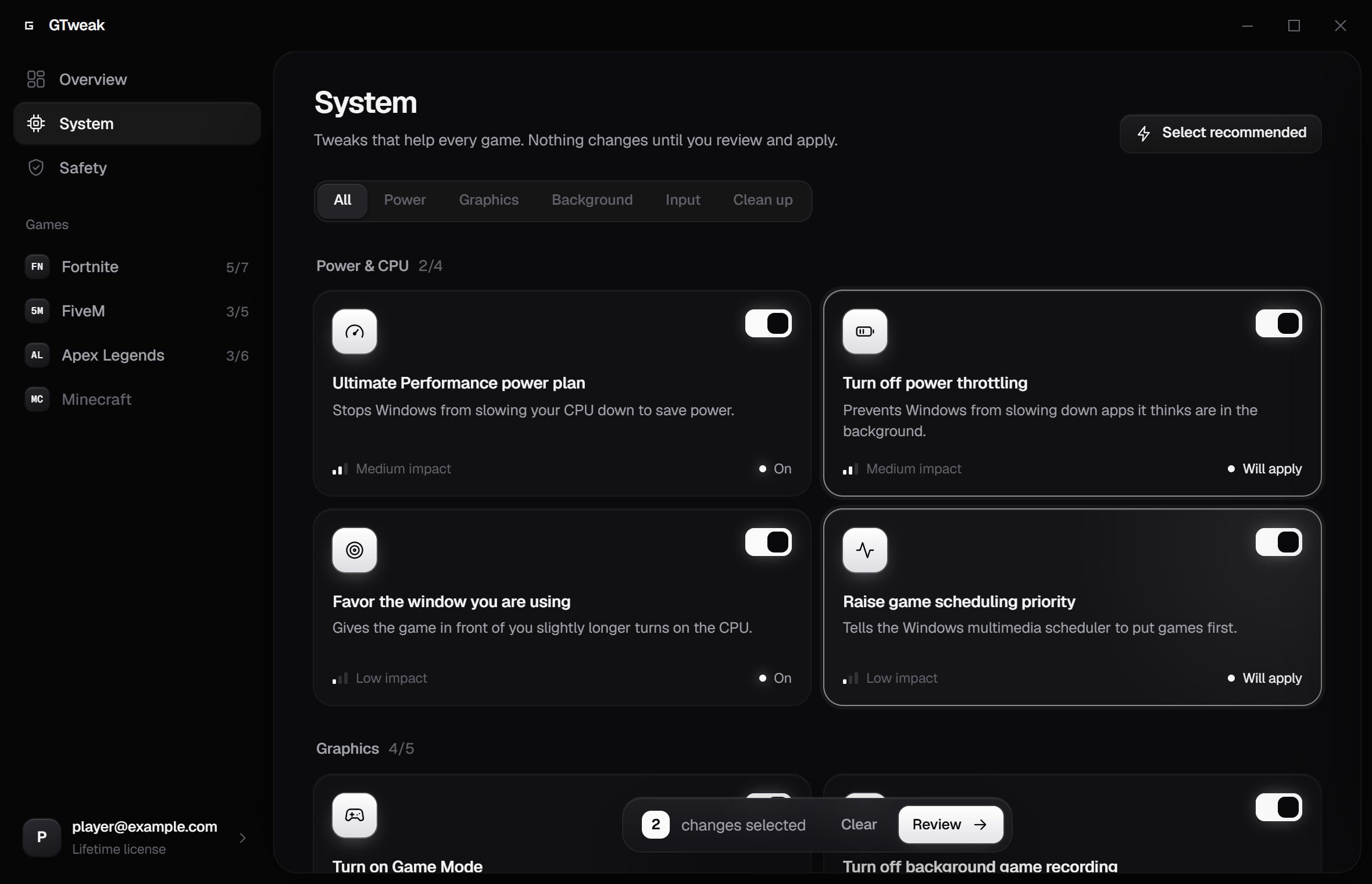 The GTweak app showing system tweaks with two changes selected